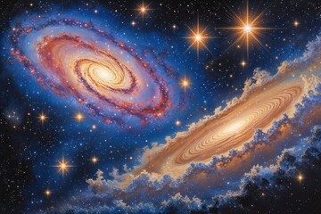 Wall Mural - vibrant celestial deep space art with radiant galaxy spiral nebula and twinkling stars in pointillis