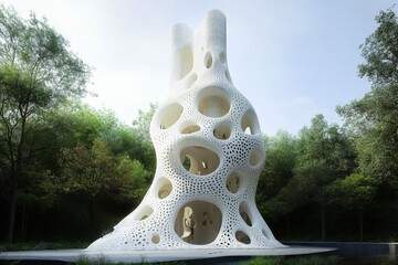 Poster - Unique architectural structure with organic design surrounded by lush greenery at a modern outdoor location