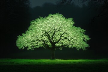 Fototapete - Glowing tree illuminates a dark landscape during a serene night in a peaceful park