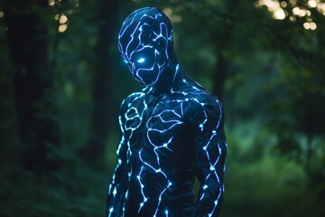 Leinwandbilder - Futuristic figure with glowing blue circuitry stands in serene forest landscape at dusk