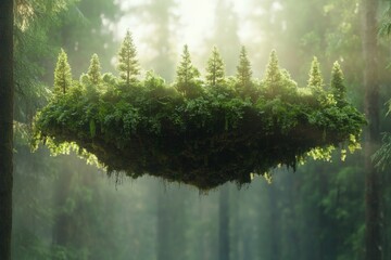 Poster - Floating island of lush greenery surrounded by towering trees in a serene forest during golden hour