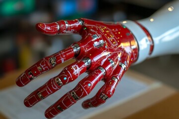 Aufkleber - Robotic hand with intricate circuitry displayed at a technology expo in an urban setting