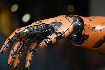 Fototapete - Robotic hand on display showcasing advanced technological design in a futuristic setting