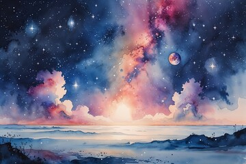 Wall Mural - Dreamy Galaxy Watercolor Horizon with Starry Cosmic Background