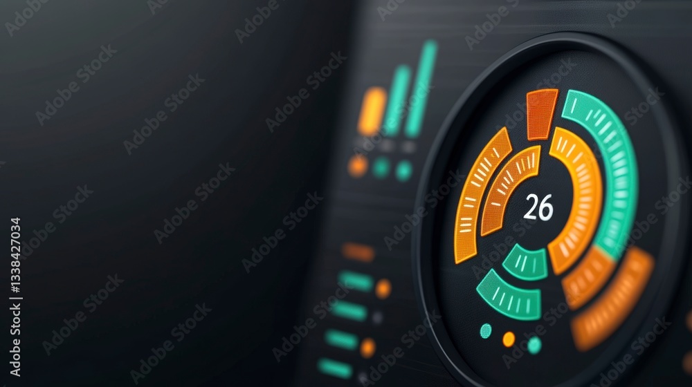Digital Dashboard Interface with Colorful Metrics Displaying Data and Analytics Information