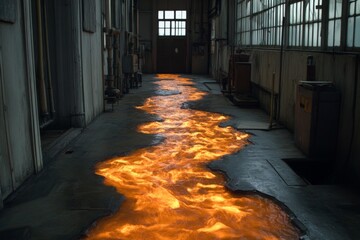 Poster - Mysterious hallway features glowing lava-like flow amidst industrial architecture in an abandoned building