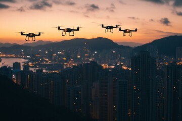 Poster - Drones fly over the illuminated skyline of Hong Kong during a colorful sunset