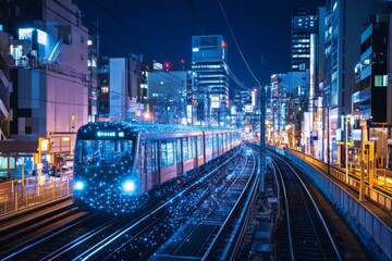 Aufkleber - Nighttime cityscape with illuminated train traveling through urban landscape in bustling area