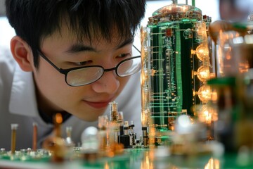 Fototapete - Young student examines intricate electronic model at a science fair during the daytime