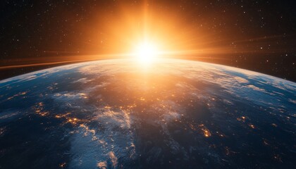Wall Mural - earth, sun and galaxy stunning view on the planet from space with city lights, atmosphere