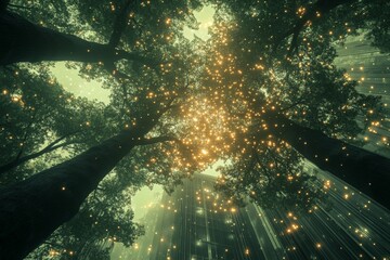 Poster - Light dances among towering trees in a mystical forest atmosphere with sparkling effects during twilight hours
