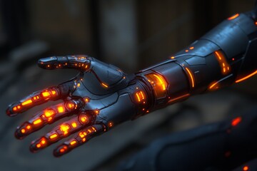 Poster - Futuristic robotic arm with glowing orange accents displayed in a shadowy environment, showcasing advanced technology and design