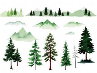 Watercolor Mountain Range and Evergreen Forest Collection Design Elements for Nature-Themed Projects