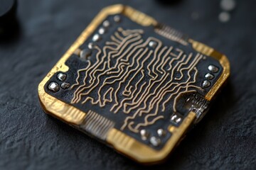 Fototapete - Detailed view of a microchip showcasing intricate circuit patterns and metallic connections