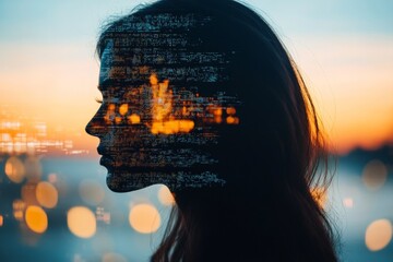 Aufkleber - Creative silhouette of a woman against a sunset with digital elements representing technology and data innovation