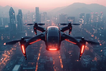 Poster - Drone captures stunning aerial view of a city skyline at dusk with bright lights illuminating the urban landscape