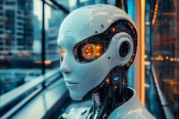 Poster - Futuristic robot with glowing eyes in a modern urban environment during daylight