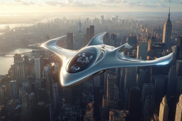 Poster - Futuristic flying vehicle soaring above a bustling city skyline at sunset