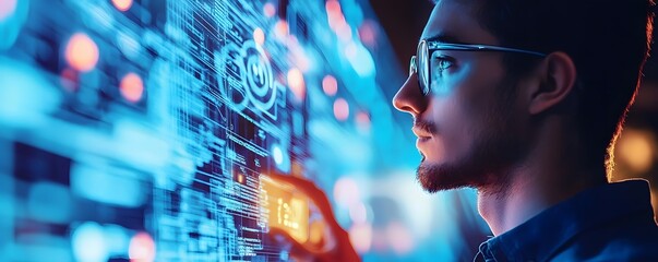 Poster - Software developer analyzing code on futuristic holographic interface