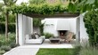 © Sawat - A high-end white villa with a lush backyard, featuring a stylish lounge area and a modern outdoor fireplace.