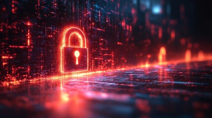 Fototapete - A glowing lock icon stands out in a futuristic digital space filled with data streams, embodying concepts like quantum encryption, security, and eavesdropping protection measures.