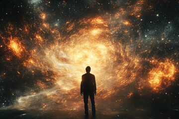 Leinwandbilder - View of a figure contemplating a cosmic explosion in a vast universe at twilight