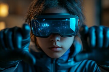 Poster - Child engages in virtual reality experience with advanced headset in immersive environment during evening hours