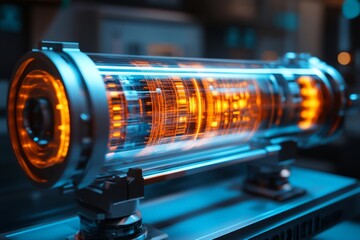 Fototapete - Futuristic energy tube glowing in an advanced laboratory showcasing intricate technology in a high-tech environment