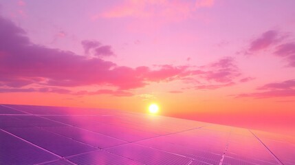 Solar Panels Stretching into Horizon Under Pink Sun
