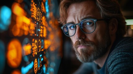 Fototapete - A man intently examines vibrant visualizations of quantum computing concepts and neural network algorithms, showcasing the intricate world of data analysis and optimization techniques.