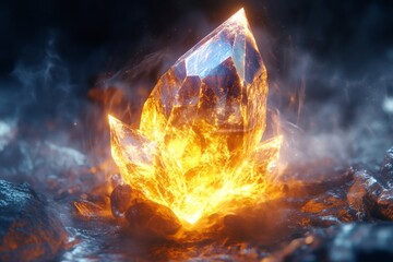 Poster - Vibrant crystal glowing in fiery hues on a rocky surface during a mystical setting