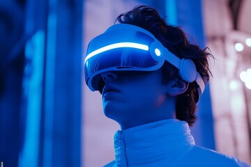 Poster - Young person using virtual reality headset in a futuristic setting during nighttime