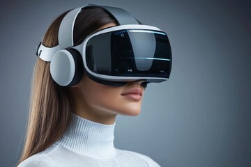 Aufkleber - Woman experiencing virtual reality immersion with headset and headphones in a modern setting