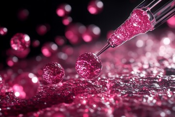 Aufkleber - Bright pink droplets and spheres reflect light in a dynamic display of texture and color on a dark surface