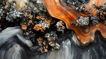 Poster - Colorful lichen growing on petrified wood creating abstract patterns