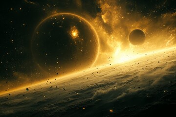 Leinwandbilder - Celestial bodies glow in a cosmic landscape with vibrant hues and swirling space dust
