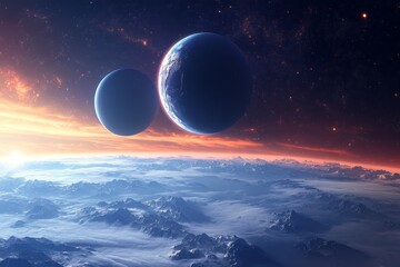 Aufkleber - Celestial landscape featuring two planets hovering over a cloud-covered terrain during twilight in a distant galaxy