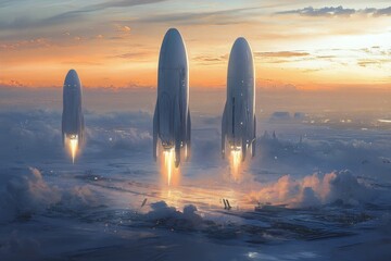 Aufkleber - Rockets launch into twilight sky from futuristic spaceport with vibrant colors and clouds
