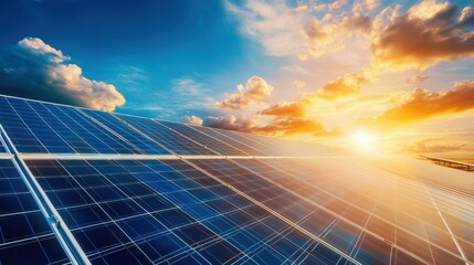 Rows of Solar Panels in Arid Landscape under Bright Sky