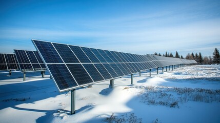 Rows of Solar Panels in Snowy Landscape Under Clear Sky