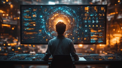Aufkleber - A researcher analyzes quantum computing concepts such as qubits, superposition, and entanglement. They interact with a sophisticated digital interface displaying intricate datasets.
