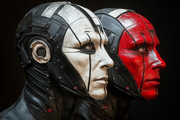 Poster - Two futuristic cyborgs with striking black, white, and red designs stand in profile view