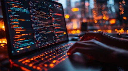 Fototapete - Hands typing on a backlit keyboard display quantum computing elements like qubits and entanglement against a vibrant city skyline, emphasizing encryption and security.