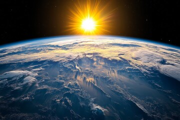 Poster - Stunning view of sunrise over Earth from space showcasing clouds and ocean reflections