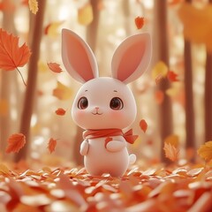 Aufkleber - Autumnal Cuteness: A Chibi Bunny Surrounded by Falling Leaves in a Forest of Warm Colors.