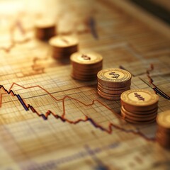 Aufkleber - Financial Downturn: Coins on a Declining Graph Showing Economic Recession and Investment Losses