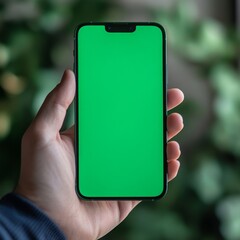 Leinwandbilder - Hand holding smartphone with green screen, ideal for app showcase or digital mockup presentation on a blurred green background.