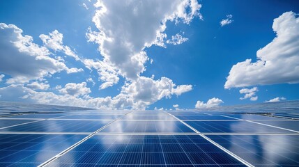 Solar Farm with Reflections of Clouds on Panel Surface
