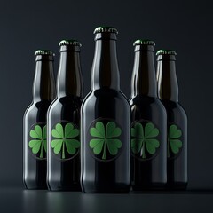 Leinwandbilder - St. Patrick's Day Beer: Elegant Dark Bottles with Green Shamrock Emblems on a Sleek Black Background