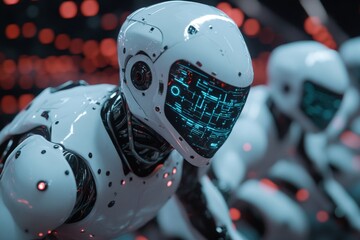 Poster - Advanced humanoid robots displayed in a high-tech environment during a futuristic technology exposition